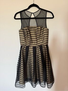Marciano Black & Gold Striped Mesh Fit-and-Flare Dress